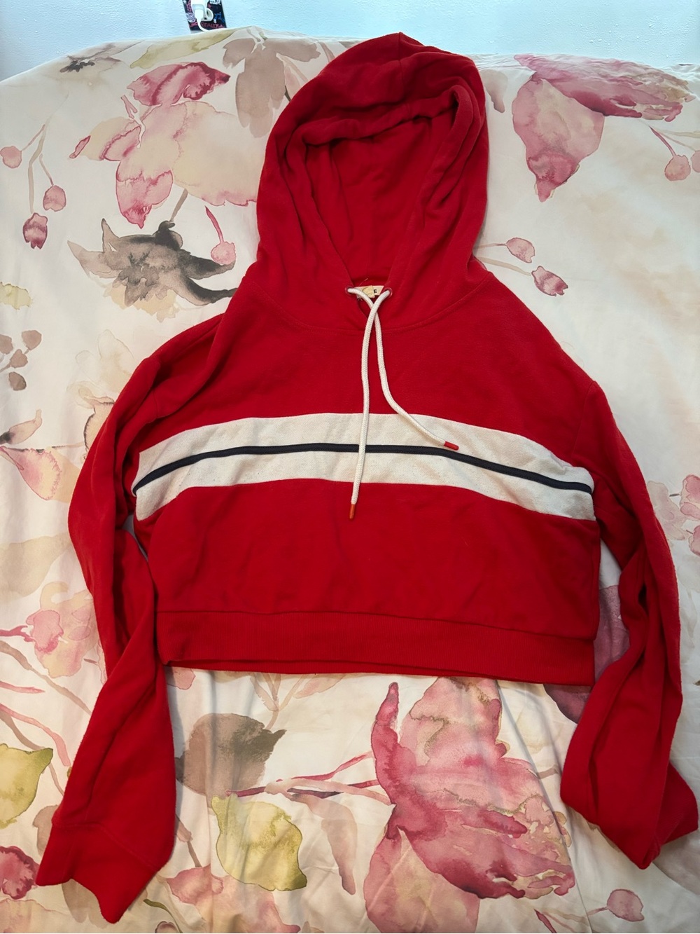 Garage Red Cropped Hoodie with White and Navy Stripe